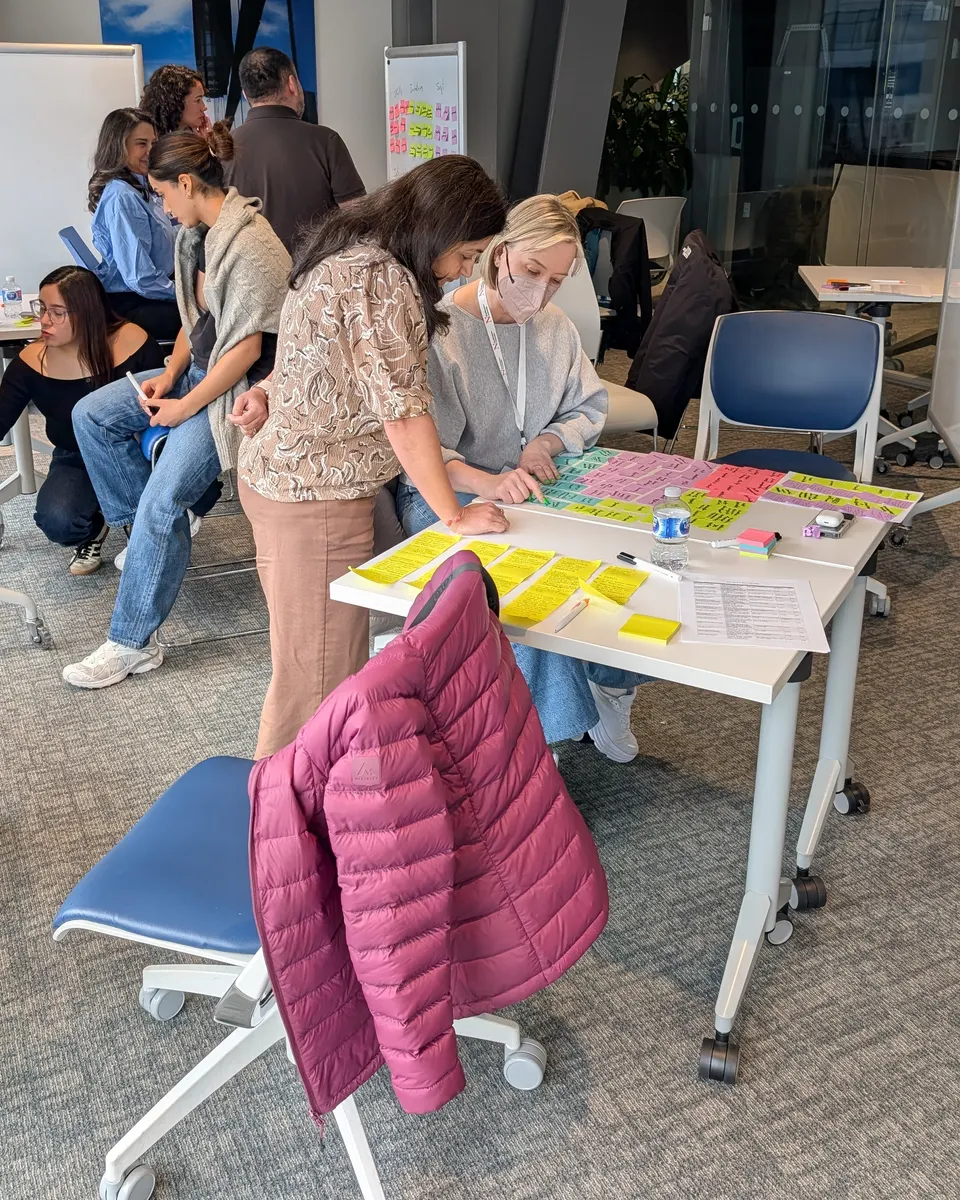 Two owners mapping a plan with sticky notes at an Execution Lab workshop